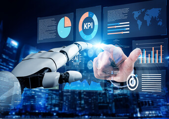 A robotic hand interacts with a futuristic digital interface displaying graphs and statistics, showcasing the integration of technology and artificial intelligence in data analysis. Gantry