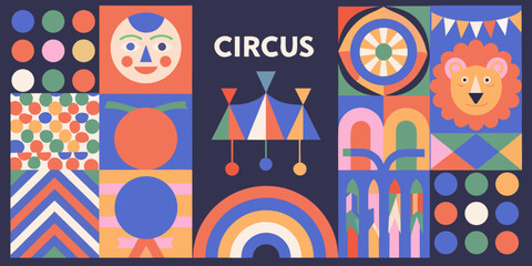 A colorful circus poster featuring whimsical illustrations of animals and patterns © Sanjoy
