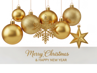 Golden christmas ornaments greeting card isolated on transparent background