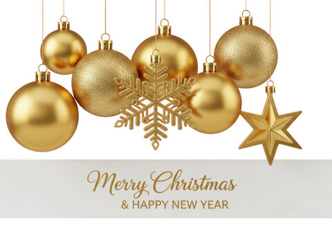 Golden christmas ornaments greeting card isolated on transparent background - Powered by Adobe