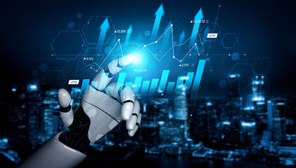 A futuristic robotic hand interacts with digital graphs and charts, highlighting advancements in technology and data analysis in a modern urban landscape, showcasing innovation. Scalp