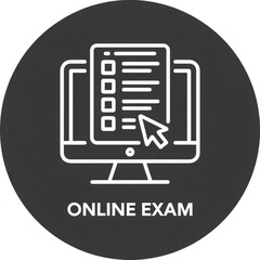 Online Exam Computer Monitor Icon with Multiple Choice Quiz and Cursor Clicking