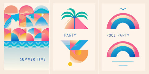 Colorful summer themed illustrations with palm trees rainbows and text overlays © Sanjoy