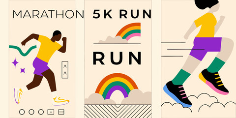 Colorful illustration depicts runners and race details for a marathon or 5k run
