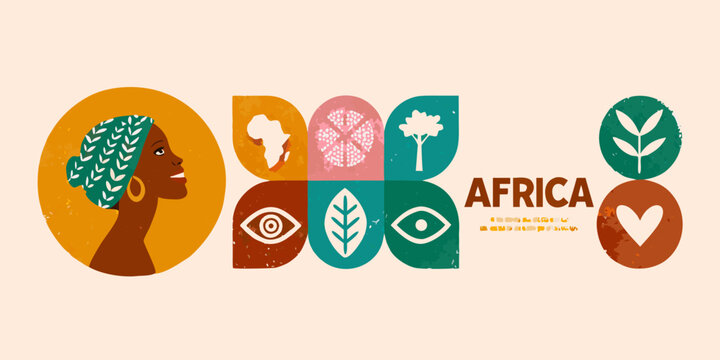 Colorful illustration representing africa with a woman s profile and cultural icons