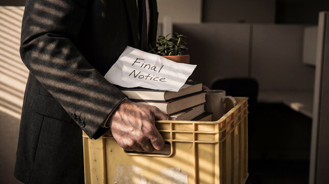 Businessman carrying personal belongings in crate with final notice