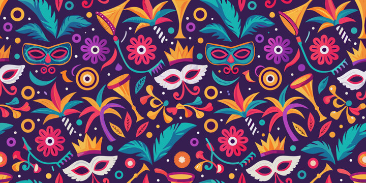 Colorful carnival pattern with masks flowers and tropical leaves on purple background
