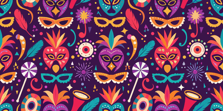 Colorful carnival masks and festive elements create a vibrant seamless pattern