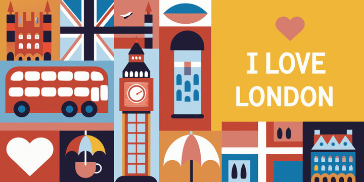A colorful illustration depicting iconic landmarks and symbols of london