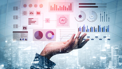 A hand emerges in a futuristic setting, showcasing various graphs and charts that represent data analytics and artificial intelligence insights in a modern cityscape. Gantry