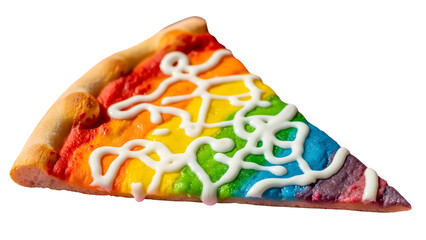 A vibrant rainbow pizza slice with white drizzle on transparent background