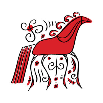 Whimsical doodle folk red Mezen horse decorative patterned folklore animal for drawing, cartoonish modern abstract boho adorable hand-drawn rural rustic childish style groovy cartoon dry brush