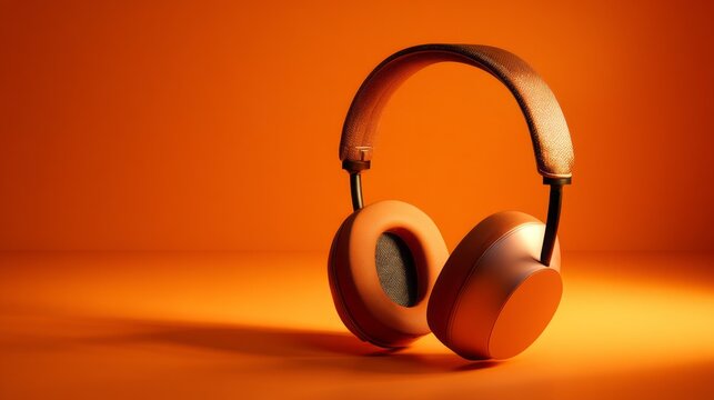 Modern Wireless Headphones Product Display on Orange Background with Studio Lighting. AI generative