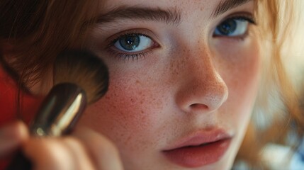 Image of a young girl applying makeup with a brush