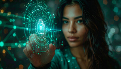Human-centered cybersecurity concept with a visible female face, a glowing digital lock, and a data interface. Modern vision of privacy, secure identity, and AI-driven protection technologies.