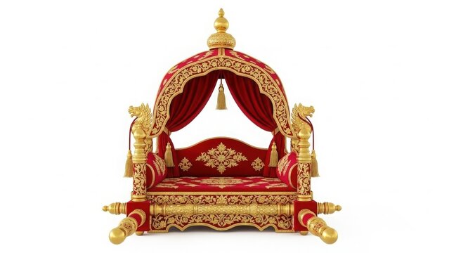 Royal indian palanquin with red gold intricate carvings isolated