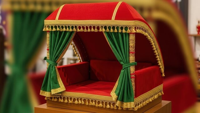 Red green palanquin wedding decoration with golden tassels white background