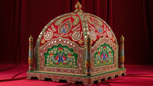 Vibrant textile covering for a ceremonial palanquin on red cloth