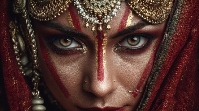 Indian woman in a sari and makeup embodies the goddess Uma or Parvati symbolizing beauty love power and renewal
