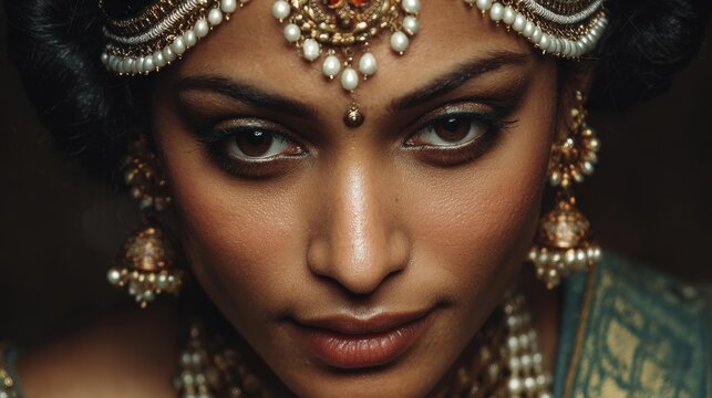 Indian woman in sari and makeup representing goddess Uma or Parvati embodies beauty love power and renewal
