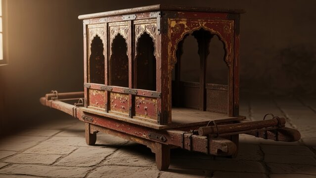 A rustic wooden palanquin used for carrying people indoors