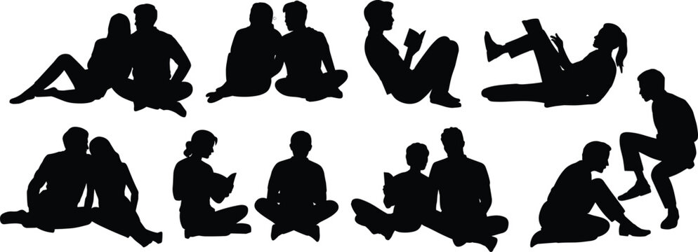 People sitting silhouette set with couples friends reading chatting relaxing together social lifestyle leisure activity illustration collection