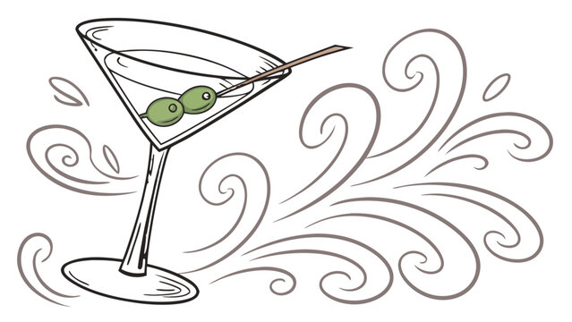 Martini Cocktail Glass with Green Olives and Decorative Swirls Illustration, A hand-drawn vector illustration of a classic martini in a glass with two green olives on a skewer