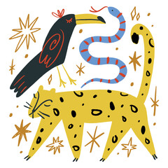 Obraz premium Cute African tropical elements animals set isolated on background for kids content. Hand drawn silhouettes colorful collage. Flat cartoon character leopard animal, toucan and snake. Inhabitant jungle