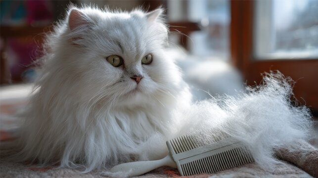 Morning yard grooming of a shedding white Persian cat Fur removal tool