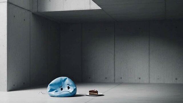 Conceptual shot of a sad blue balloon next to a birthday cake in a minimalist concrete room slowly deflating