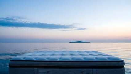 A mattress floats on calm ocean waters at serene sunset