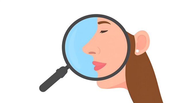 Simplified illustration of a person's face being examined by a magnifying glass, focusing on the nose and cheek