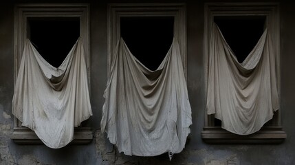 Torn fabric awnings hanging limply from broken windows of an old building