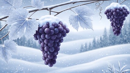 A bunch of purple grapes hanging from a snow-covered vine in a winter landscape