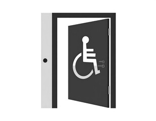 Simplified illustration of a restroom door, partially open. The door features a prominent wheelchair symbol, indicating accessibility