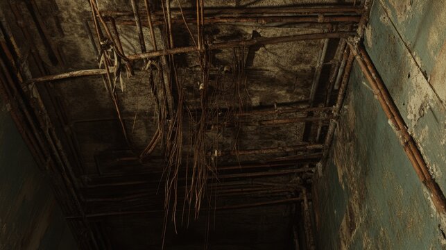 Torn electrical conduits dangling like vines from a decaying abandoned building ceiling