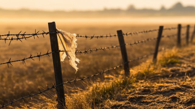 Torn fabric scraps snagged on a barbed wire fence in soft golden morning light
