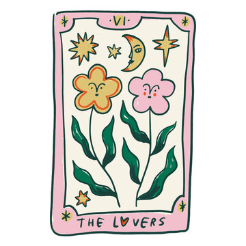 The Lovers doodle groovy boho hippie cartoon flowers characters witch faces sixth major arcana tarot hand drawn picture. Eternal love sacred concept childish sketchy style. Mystical esoteric interior