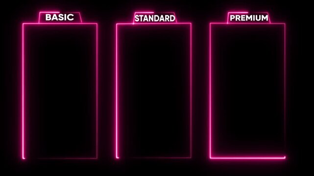 glowing neon Basic, Standard, and Premium Package subscription tiers, Animation. Pricing and Features, Pricing plans table, pricing chart, price list for web or app tech concept 4k video,
