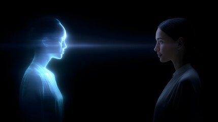 Ethereal Encounter: A person experiences an ethereal encounter with a glowing, holographic representation. Evoking themes of introspection and futuristic technologies.
