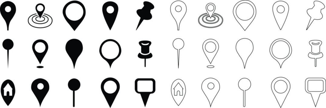 Location pin and map marker icon set in solid and outline style, navigation GPS symbols with place pointers, destination markers and location icons vector illustration collection