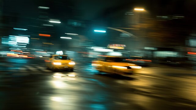 Dynamic blurry city street scene at night with moving cars, glowing headlights, colorful neon lights, high-rise buildings, and a sense of fast urban motion - Powered by Adobe