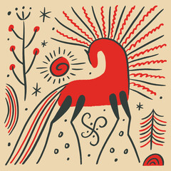 Naklejka premium Whimsical doodle folk red Mezen horse decorative patterned folklore animal for drawing, cartoonish modern abstract boho adorable hand-drawn rural rustic childish style groovy cartoon dry brush
