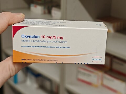 Prague,Czech Republic-14.01.2026: Oxynalon by Stada containing oxycodone and naloxone is used for treatment of severe chronic pain, providing opioid analgesia while reducing opioid induced constipatio