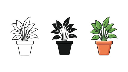 Fototapeta premium Set of three potted houseplant icons outline, silhouette and color illustration, perfect for gardening, nature, and home decor concepts