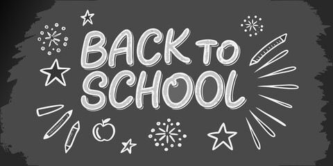 Chalkboard illustration with back to school text and school supply doodles