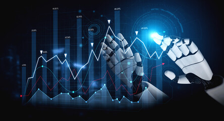 A futuristic robotic hand interacts with advanced digital graphs and data visualizations, illustrating the synergy between technology and artificial intelligence in modern analytics. Scalp