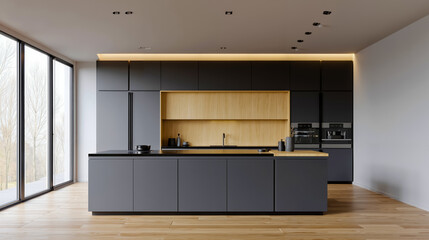 A modern kitchen with a large island gray cabinets and a view of the outdoors through large windows
