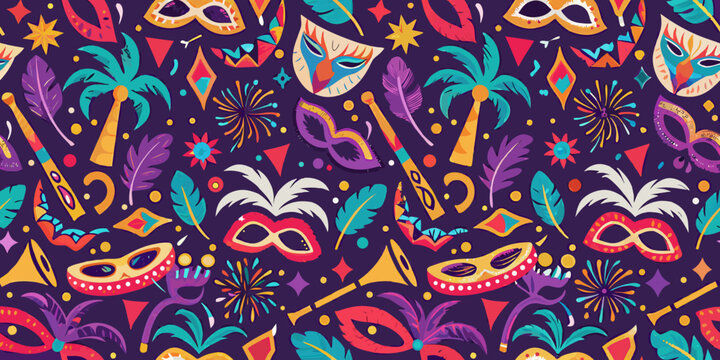 A vibrant seamless pattern of colorful carnival masks feathers and festive elements