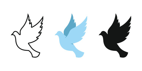 Obraz premium Flying Dove icons set in Outline, Blue, and Black silhouette, Peace and Holy Spirit Symbol and Spirituality.